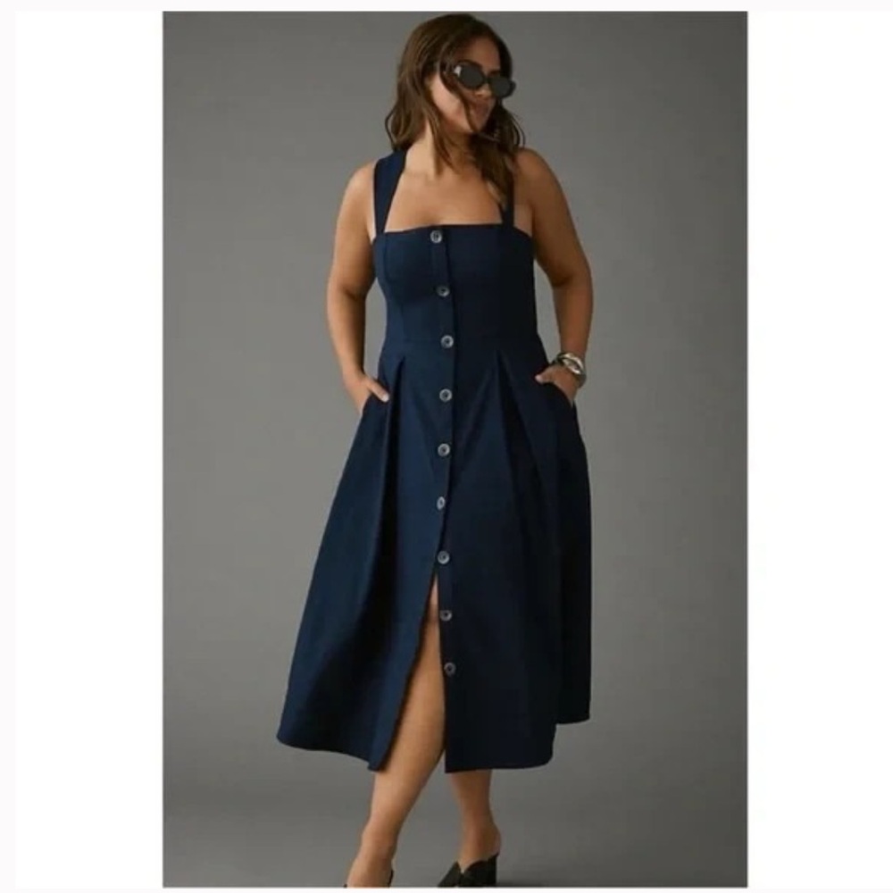 NWT Maeve by Anthropologie Square Neck Navy Button Front Midi Dress